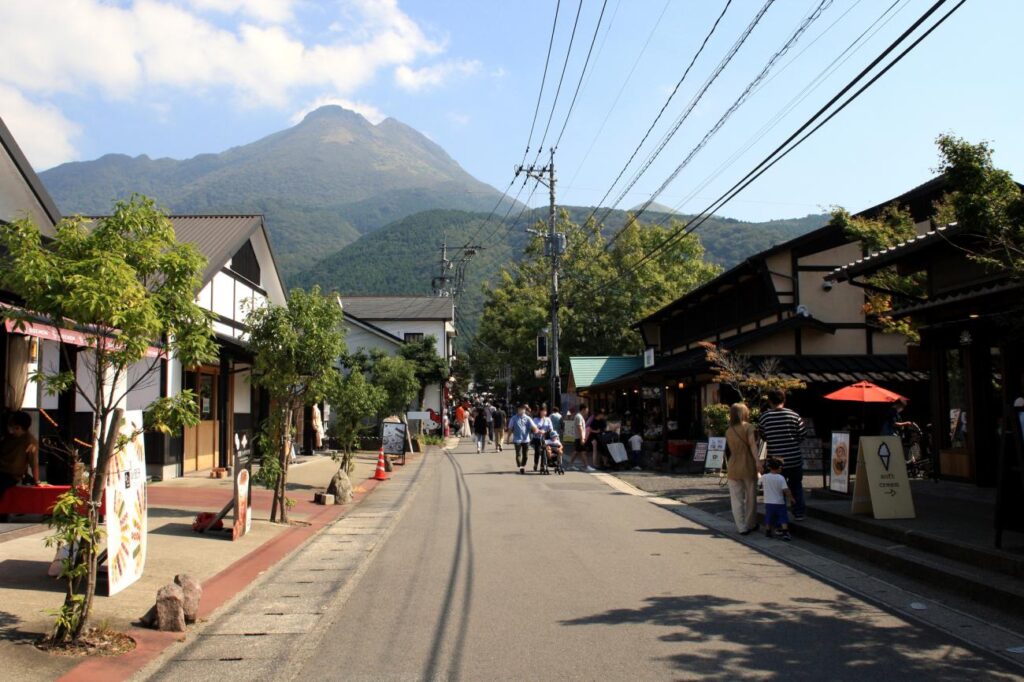 Panoramic view of Mount Yufu towering over the quiet town of Yufuin in Oita